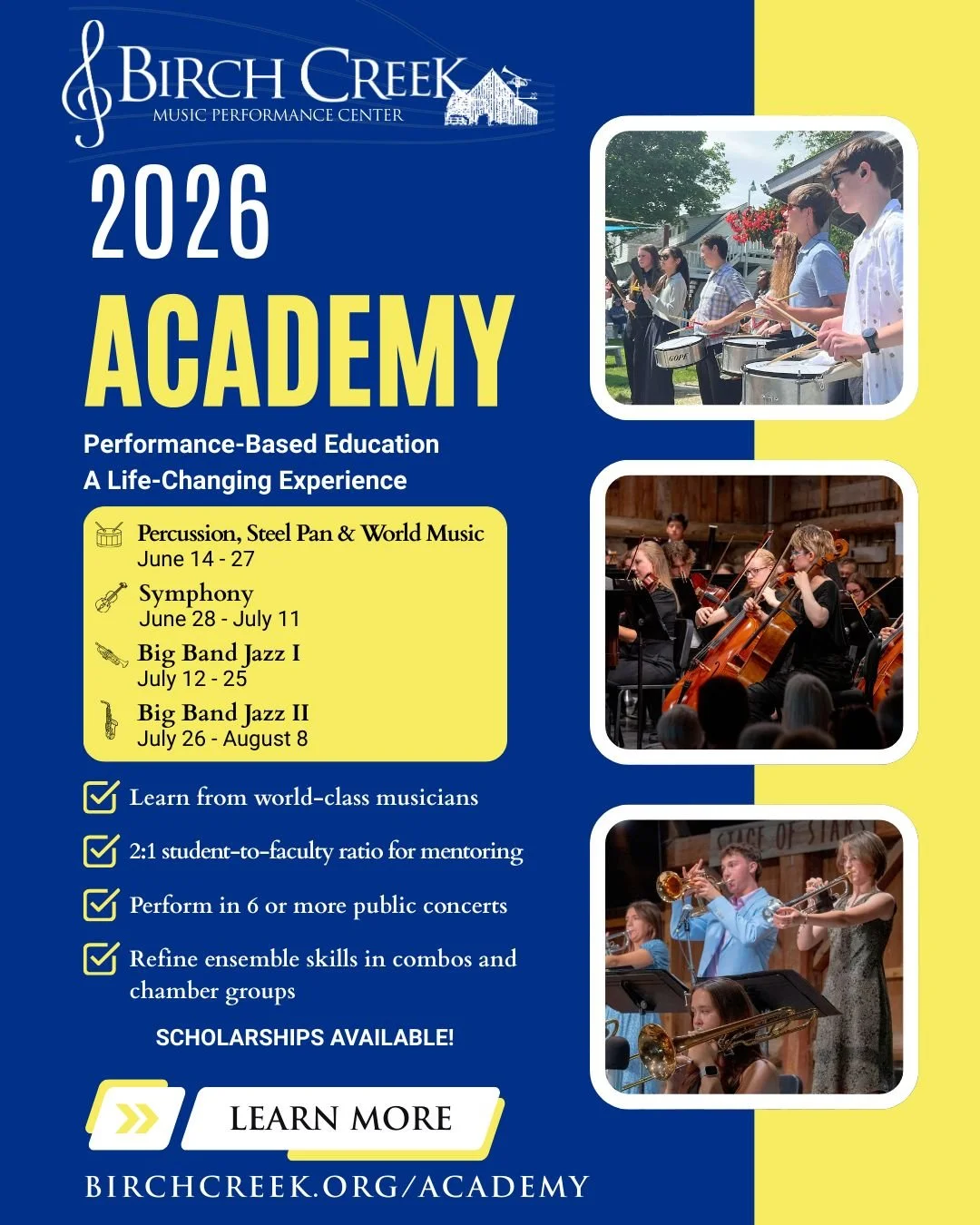 Applications for Birch Creek 2026 are officially OPEN! This isn&rsquo;t your average summer camp. It&rsquo;s 2 weeks of intense music, side-by-side mentoring from absolute legends, and finding your people.

Choose your 2026 session: ✨ Percussion/Stee