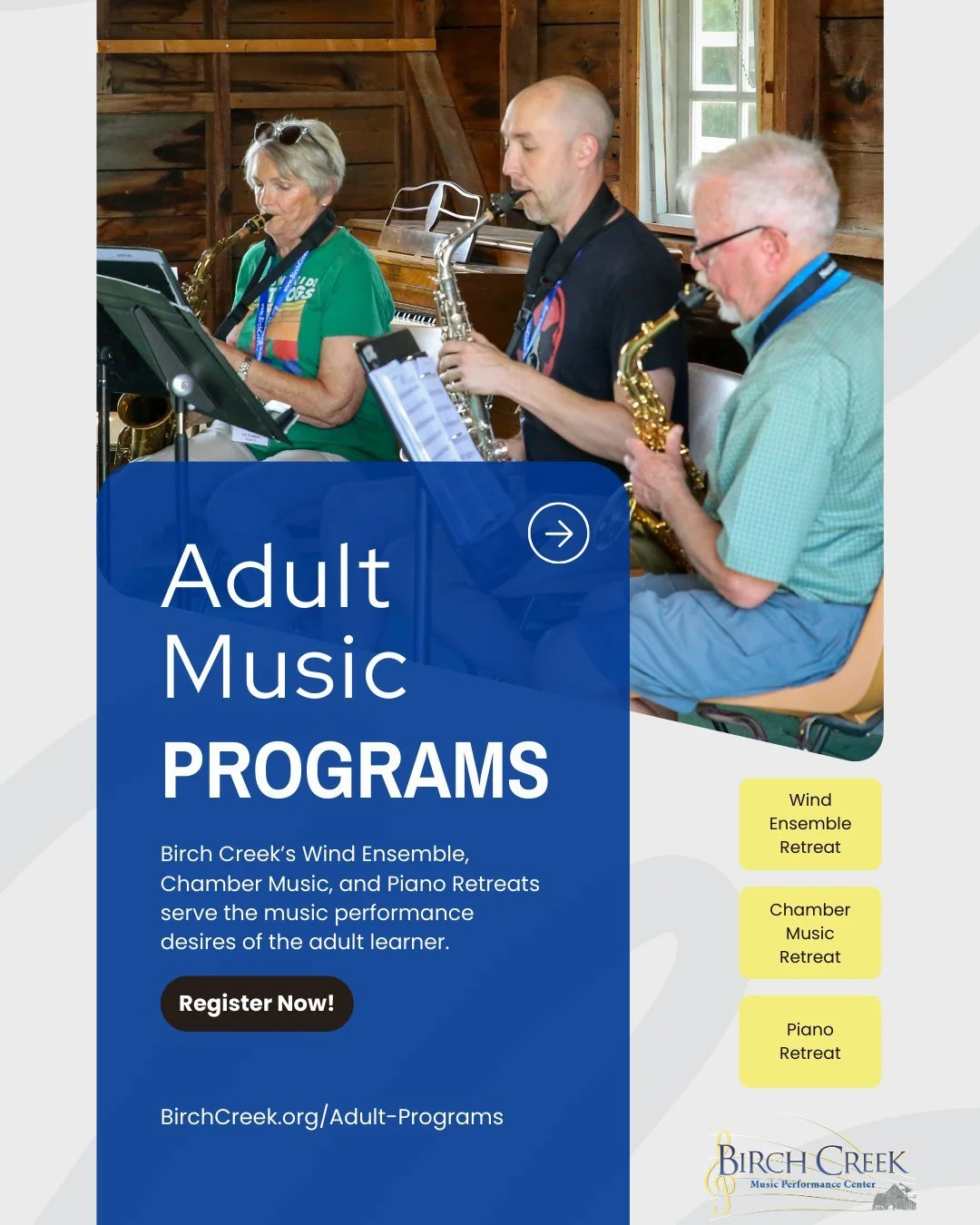 Music. Learning. Escape. Registration for our 2026 Adult Programs is officially OPEN!

Ready to take your playing to the next level? Join us at Birch Creek for an unforgettable summer retreat in Door County. Whether you&rsquo;re a piano enthusiast, a