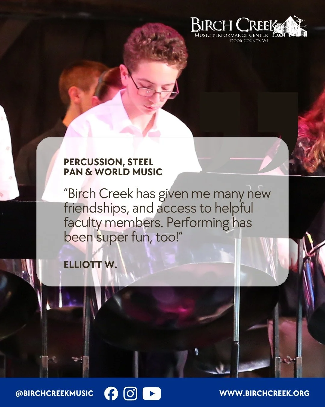 Spend your summer at Birch Creek and perform side-by-side with world-class faculty in our historic performance barn.

The Stats:
2:1 student-to-faculty ratio.
6+ professional concerts in 2 weeks.
Sessions: Percussion, Symphony, and Big Band Jazz.

Sw