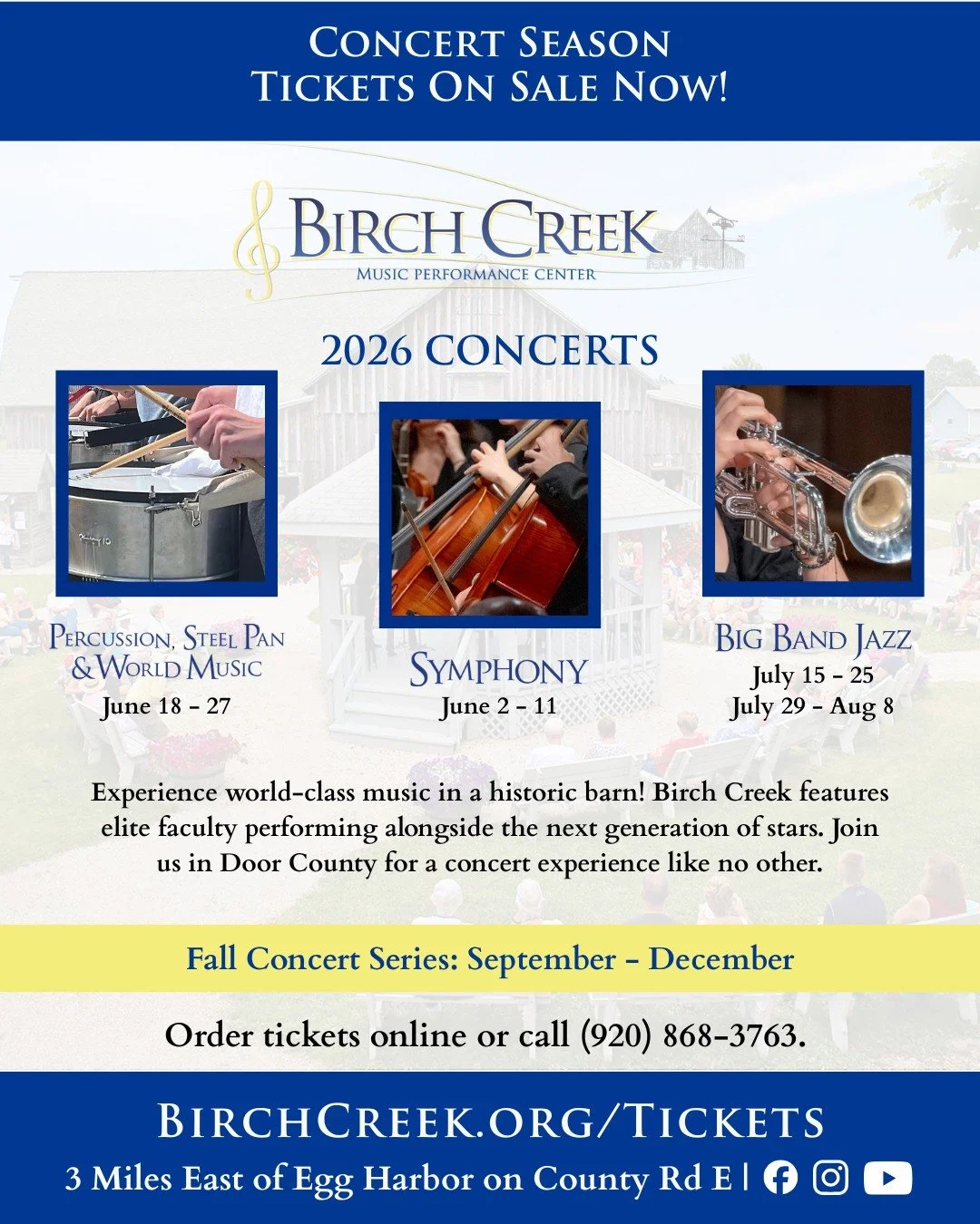 Birch Creek's 2026 Summer Concert Season tickets are on sale NOW!

Join us for nearly 30 incredible concerts featuring world-class musicians, guest artists, and rising stars. 🔗 LINK IN BIO to see the full lineup and get your tickets now or call (920