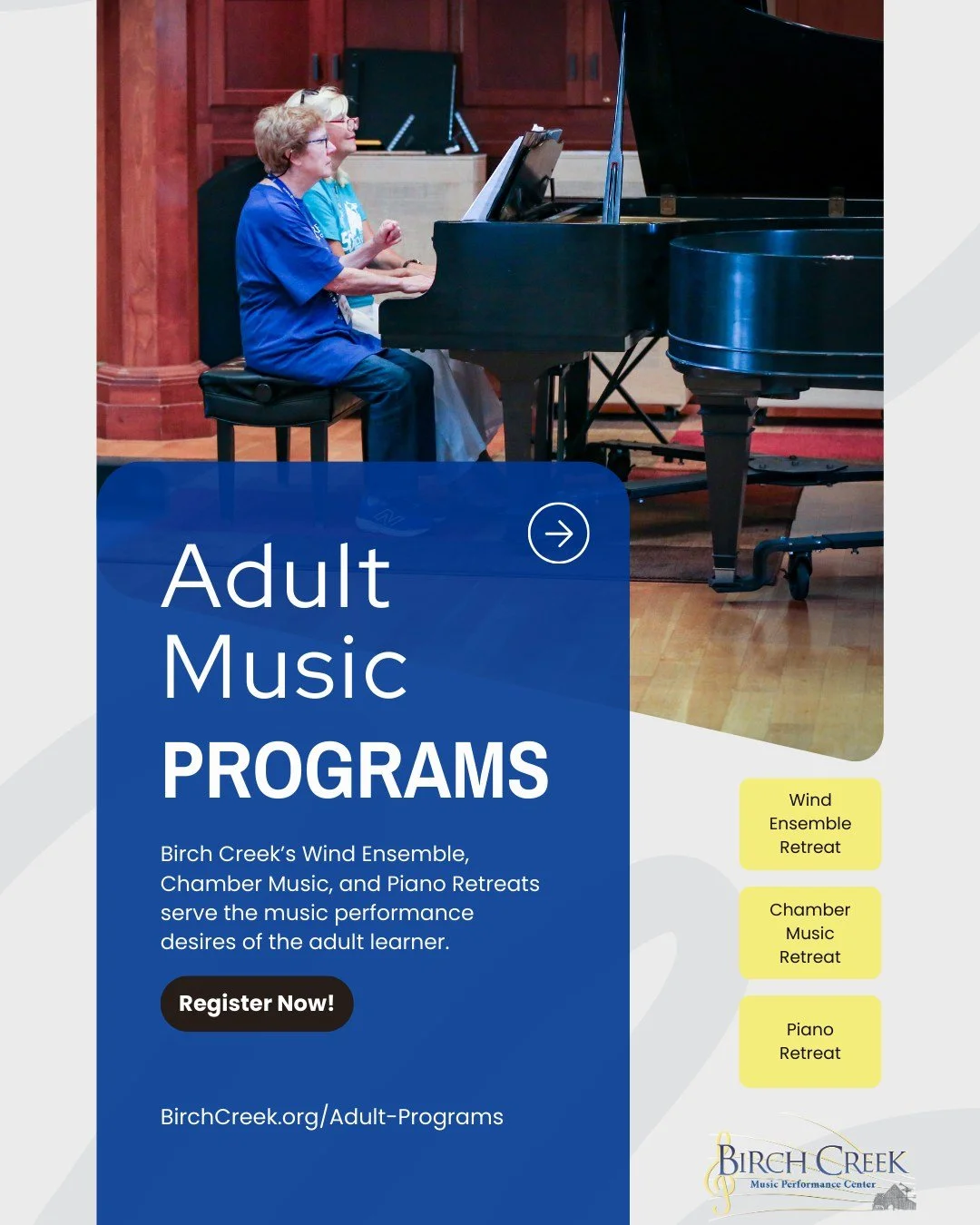 Spring is for planning. August is for playing. 🎶☀️

Escape to Door County this summer for a musical reset. Registration is open for our 2026 Adult Programs! Join world-class faculty for a week of intensive coaching, rehearsals, and pure musical joy.