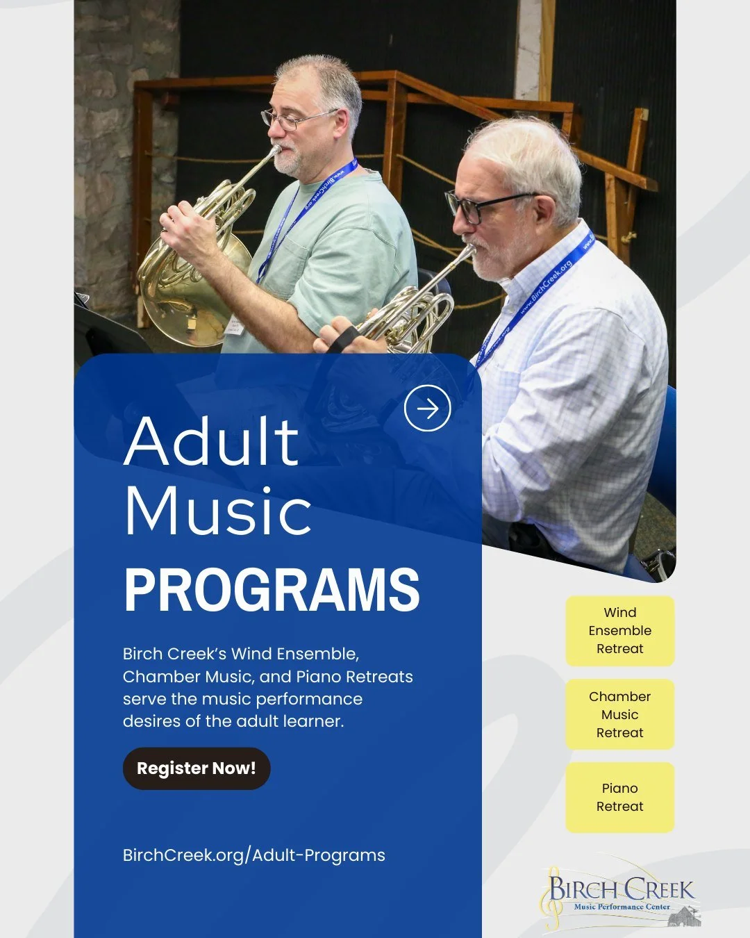 Your summer seat is waiting. ✨ Registration is officially OPEN for our 2026 Adult Programs!

Whether you want to dive into a new chamber piece, refine your piano technique, or find your place in a high-level wind ensemble, Birch Creek is the place to