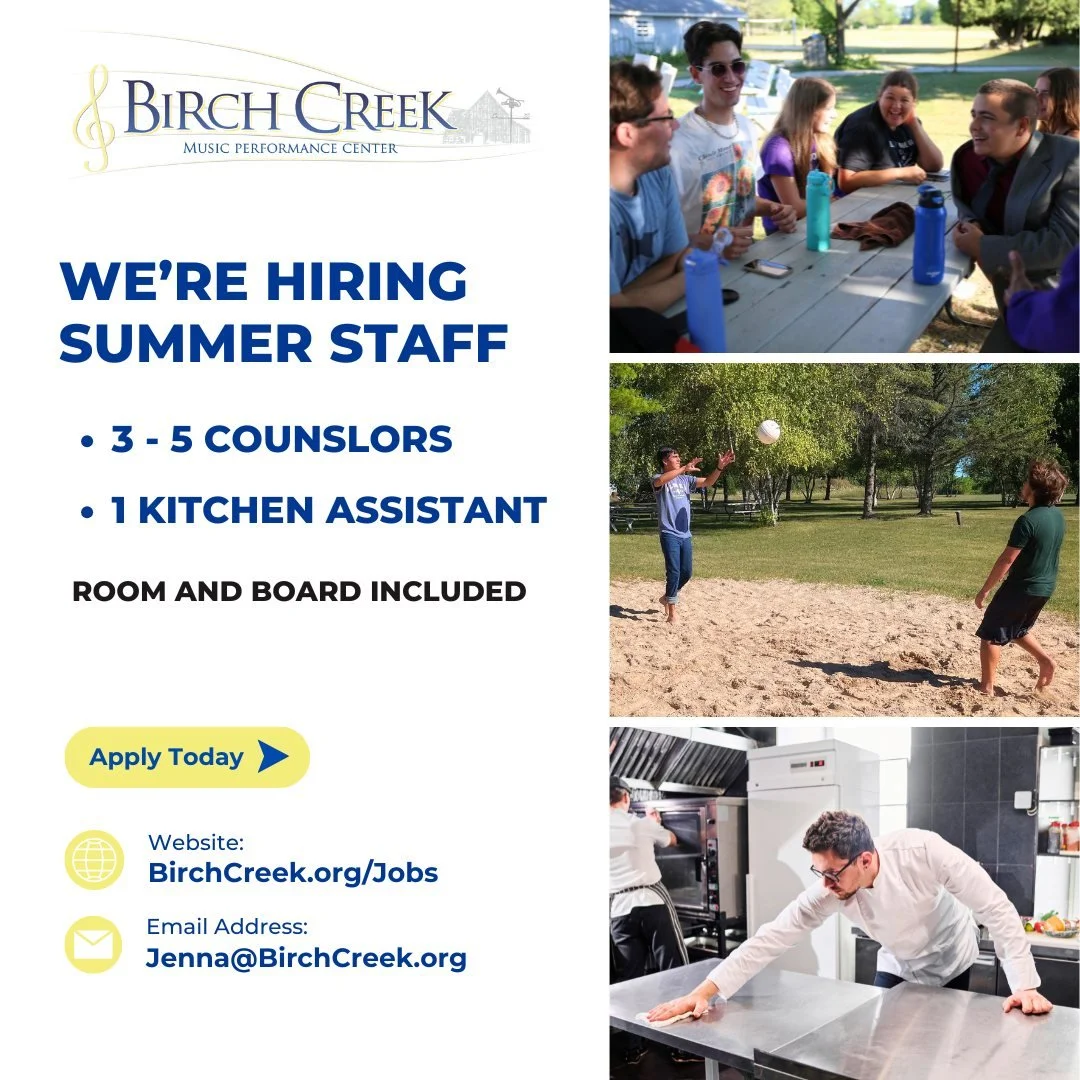 Want a summer job with a built-in soundtrack AND free food/housing? 🌲🎵 Birch Creek Summer Academy is HIRING for our 2026 season!

We are looking for passionate, high-energy individuals to join our team:

3-5 Camp Counselors | Guide young musicians,