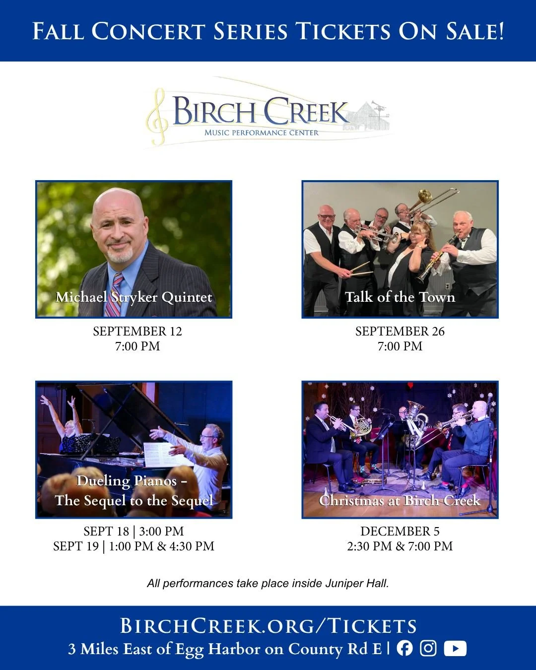 The wait is over! 🎶

Starting today, April 1, tickets for the Birch Creek Fall Concert Series are officially on sale. Join us this autumn for an incredible lineup of performances inside beautiful Juniper Hall. 🍂✨

Secure your favorite seats early f