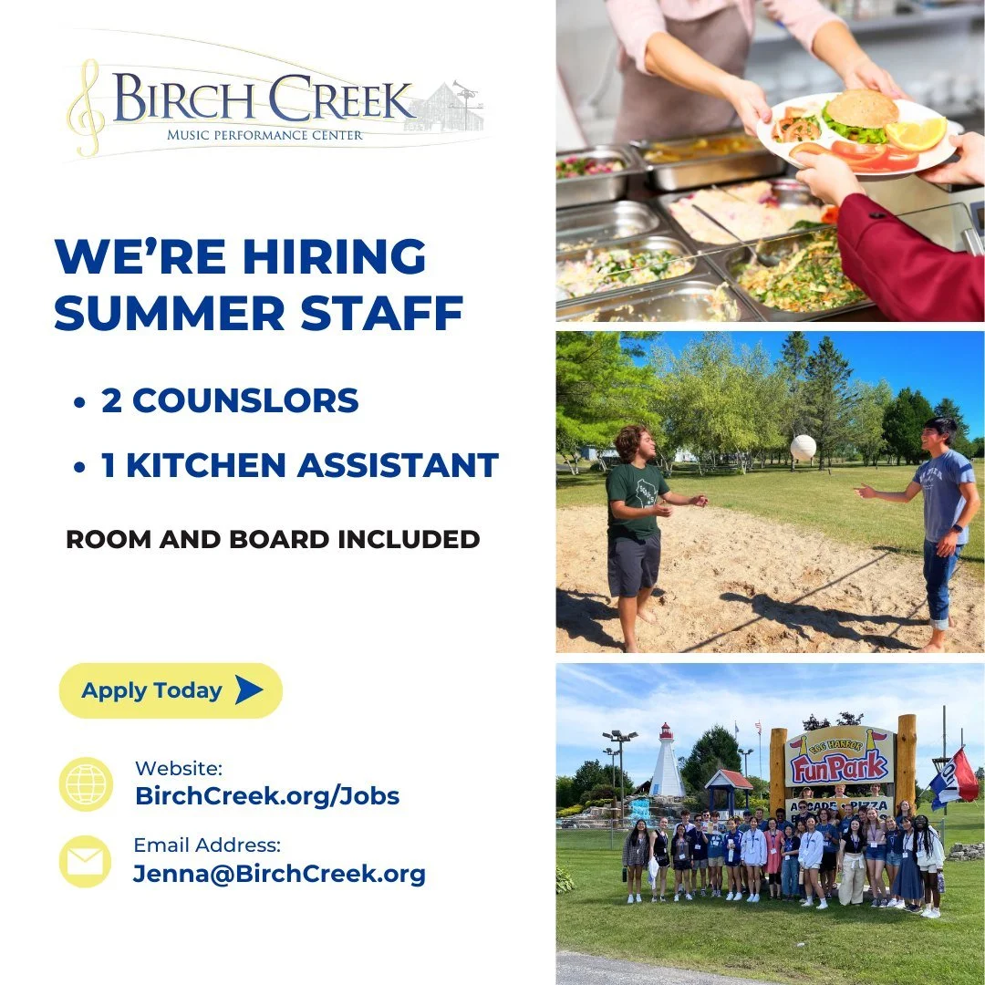 We&rsquo;re hiring for summer at Birch Creek! ☀️

Open positions:
&bull; Counselors (2)
&bull; Kitchen Assistant (1)

Spend your summer working with talented students, great staff, and a vibrant arts community&mdash;room &amp; board included.

Apply 
