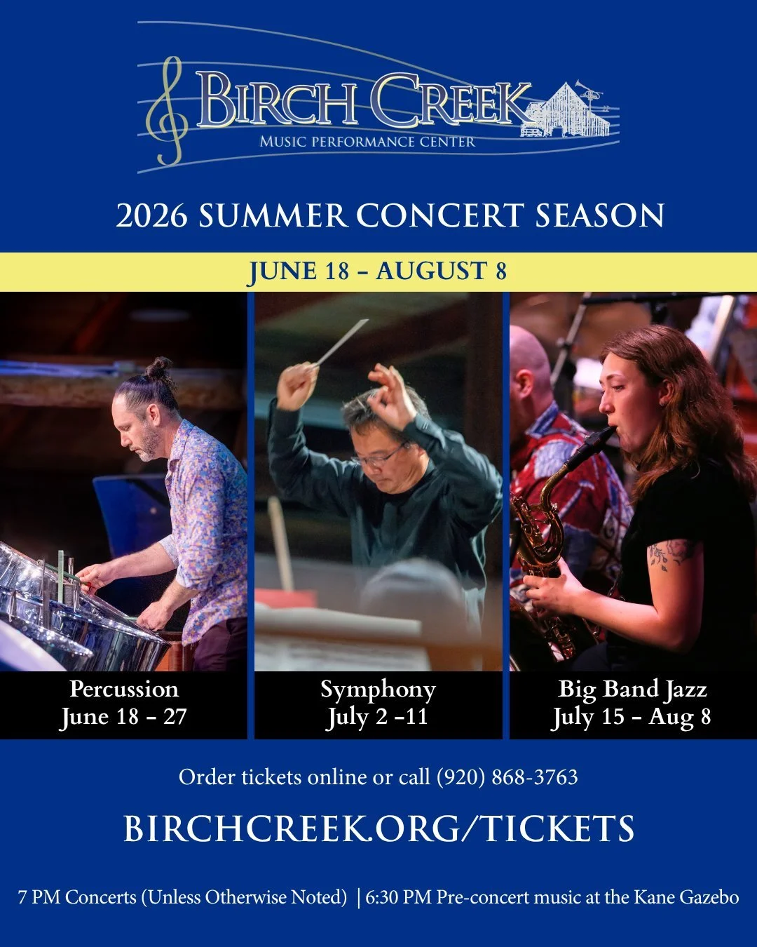 Your summer soundtrack starts here 🎶

Join us at Birch Creek for live concerts all season long&mdash;featuring Percussion, Symphony, and Big Band Jazz in the Dutton Concert Barn.

Plan your night out in Door County and experience music performed by 