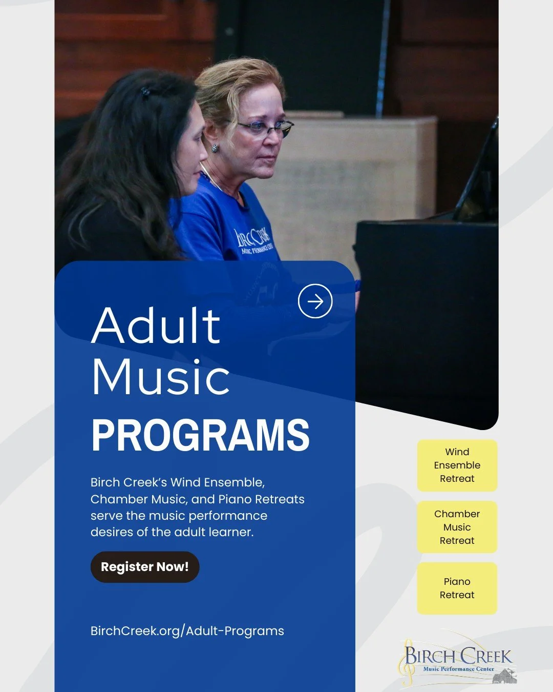 Elevate your artistry. ✨

Our 2026 Adult Programs combine world-class instruction with the serene energy of our 40-acre Door County campus. Whether you&rsquo;re perfecting a solo or diving into ensemble repertoire, you&rsquo;ll find the coaching and 