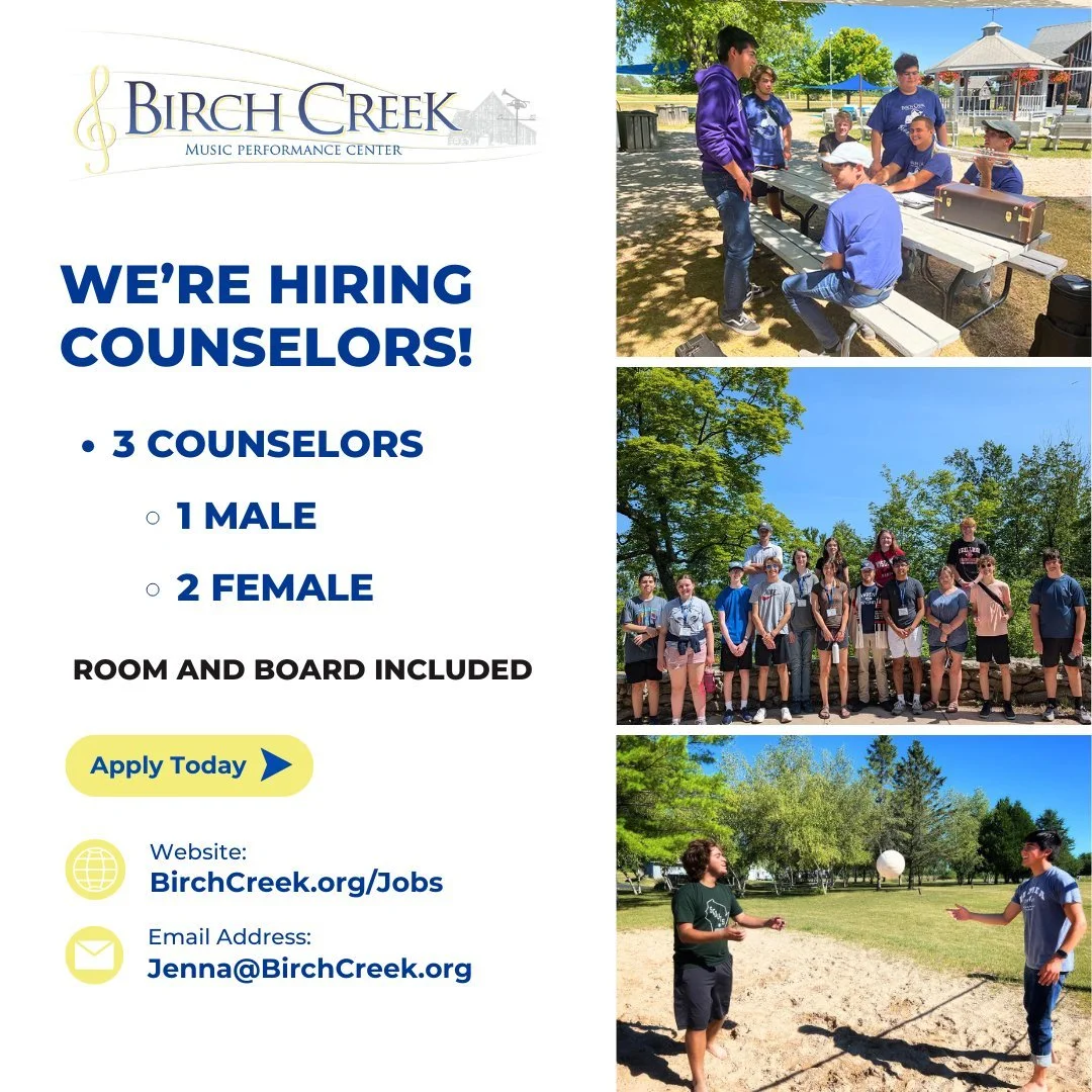 Looking for the ultimate summer job? Birch Creek is hiring 3 Counselors for our 2026 Academy sessions! Work with incredible faculty, meet fellow musicians, and live on-site in beautiful Egg Harbor.

What we&rsquo;re looking for:
1 Male Counselor
2 Fe