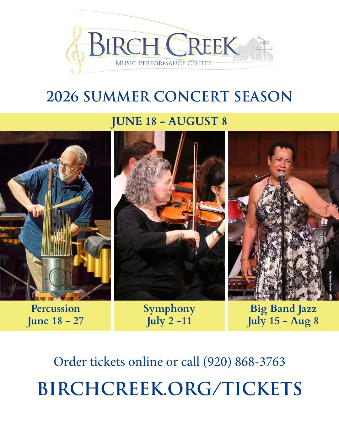 Live music, all summer long 🎶

Join us at Birch Creek for performances in Percussion, Symphony, and Big Band Jazz&mdash;featuring faculty artists and advanced student musicians.

📍 Dutton Concert Barn
🎟 Link in bio for tickets + schedule

#BirchCr