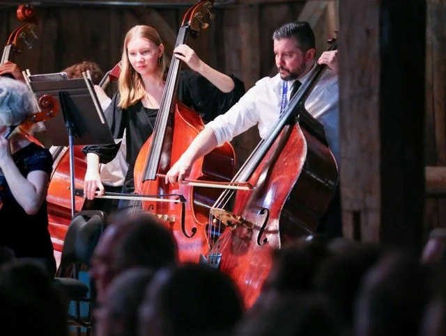 Musicians playing cello and viola during a concert in a wooden hall.