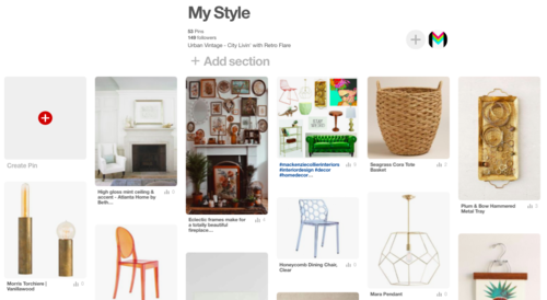  A screenshot of a Pinterest board titled My Style with inspiration pictures including furniture, lighting fixtures, a gallery wall, and a woven basket. 