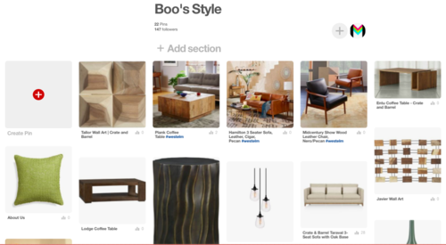  A screenshot of a Pinterest board titled Boo’s Style with inspiration pictures including a green pillow, coffee tables with wood finishes, hanging pendants, and a black leather chair with wood finishes. 