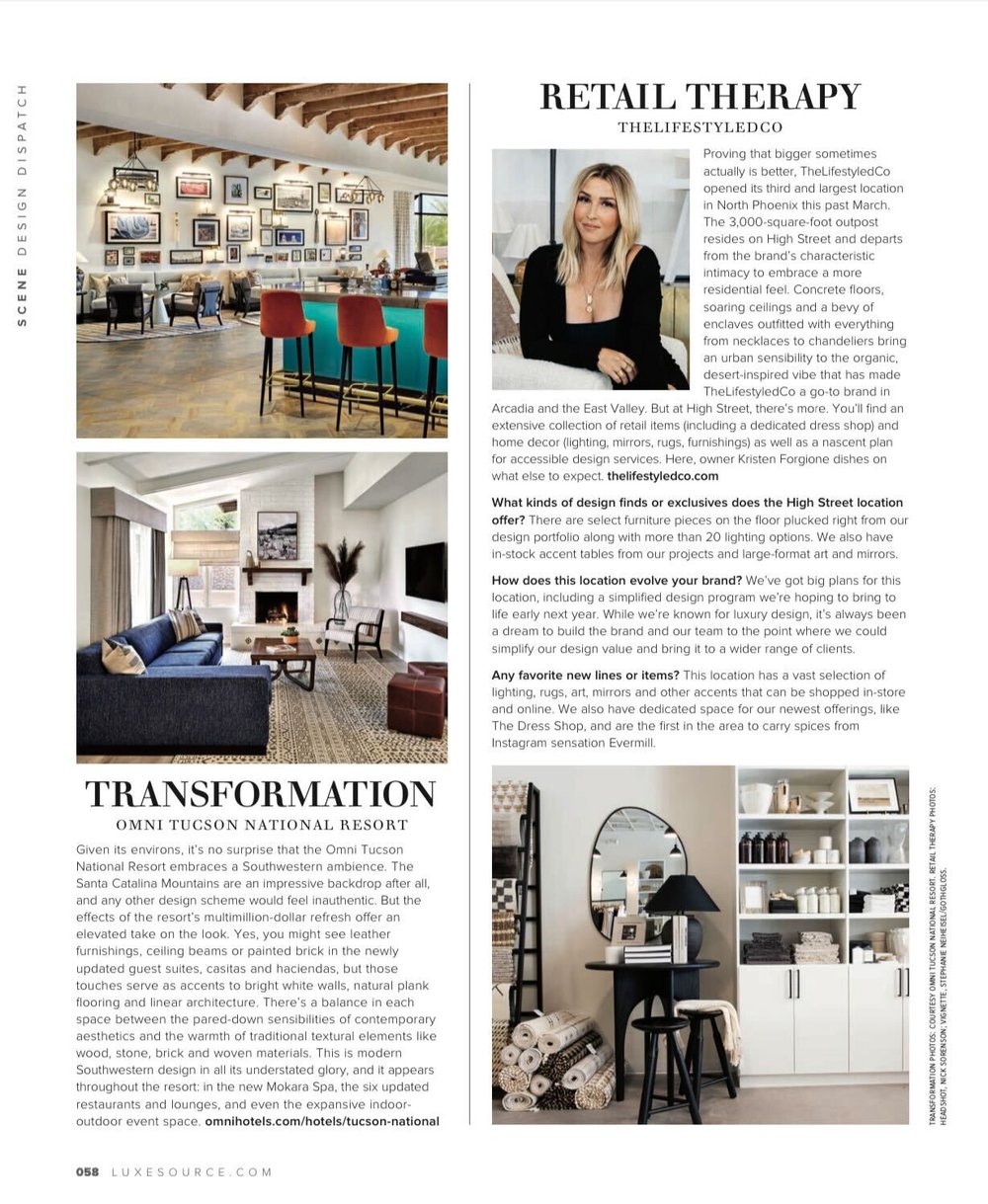  Snippet from “Luxe Interiors + Design” magazine featuring styled spaces in retail, restaurants, and hotels.  