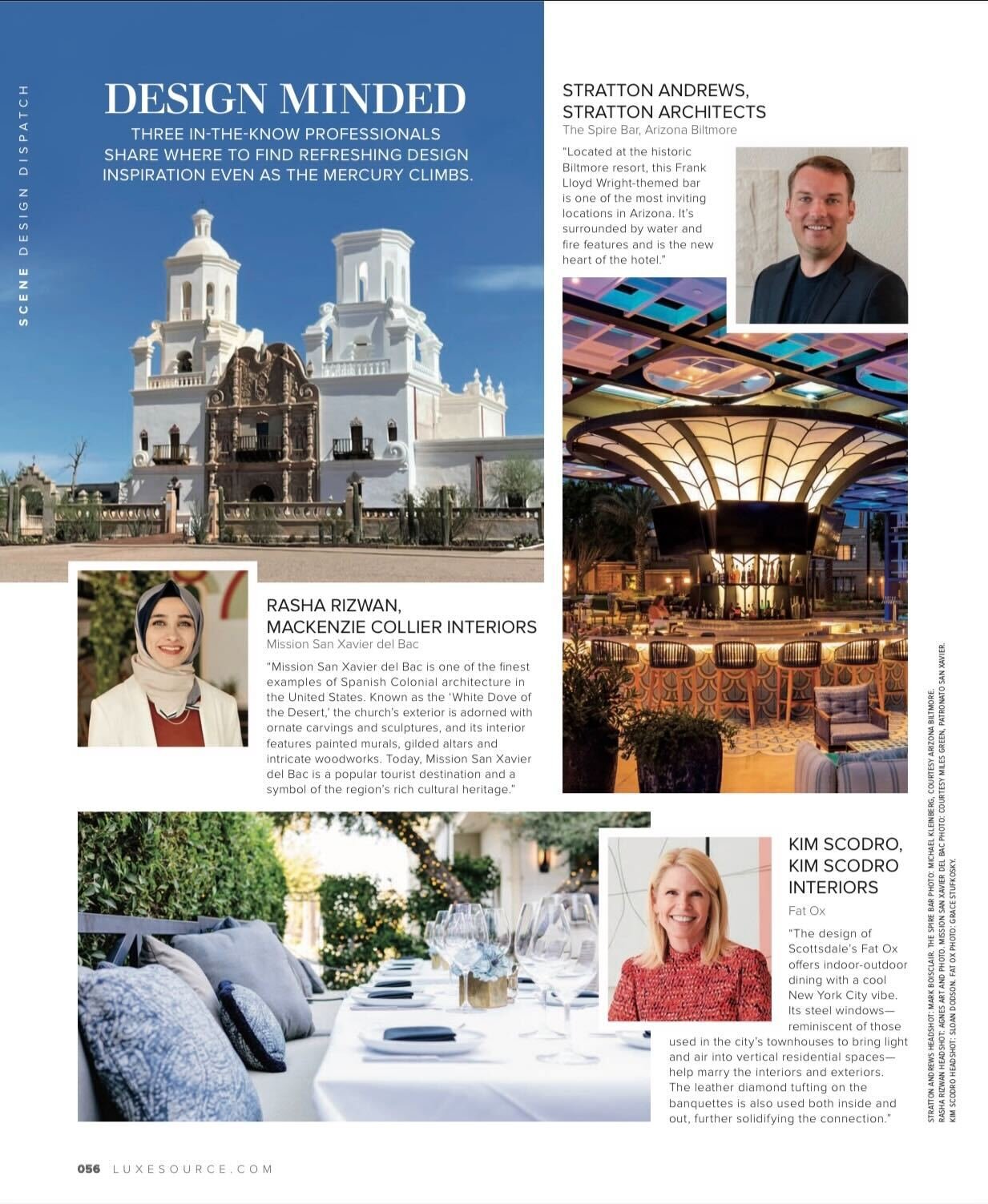  Snippet from “Luxe Interiors + Design” magazine featuring Phoenix interior designer citing Tucson’s Mission San Xavier del Bar as a source of design inspiration for Spanish Colonial architecture.  