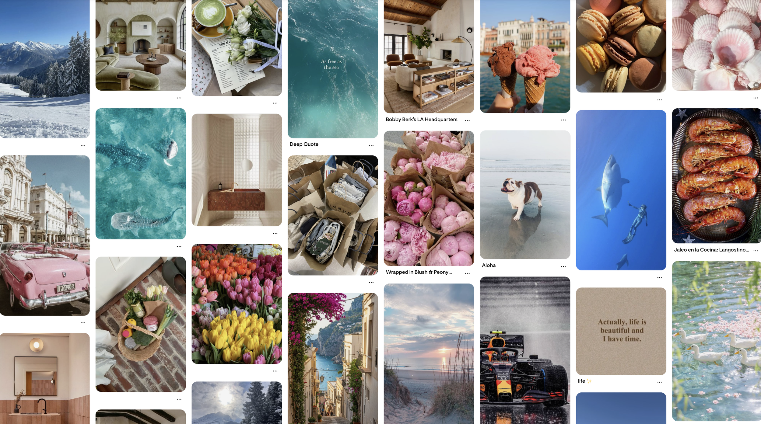 A collage of outdoor and indoor scenes including snow-covered mountains, a cozy living room, breakfast items, a sea view, a lounge area, ice cream cones, macarons, vintage cars, shopping bags, pink flowers, tulips, a sunset overlooking a village, a beach, a race car, and ducks swimming in a pond with pink flowers.