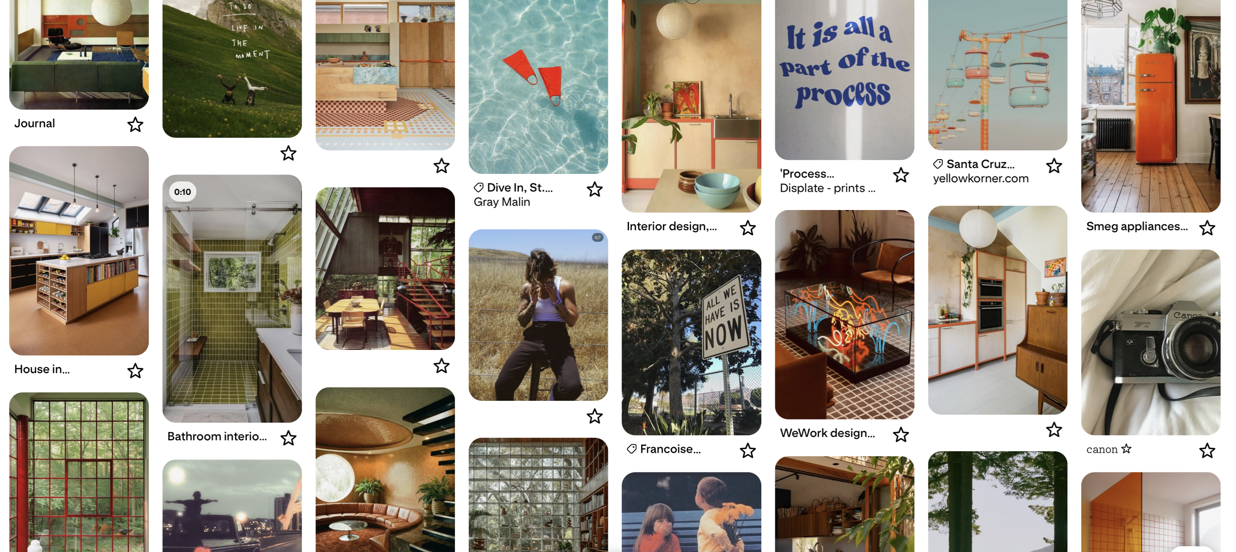 A collage of interior and exterior designs, artwork, furniture, and transportation scenes, including colorful kitchens, bathrooms, storage units, and outdoor landscapes.