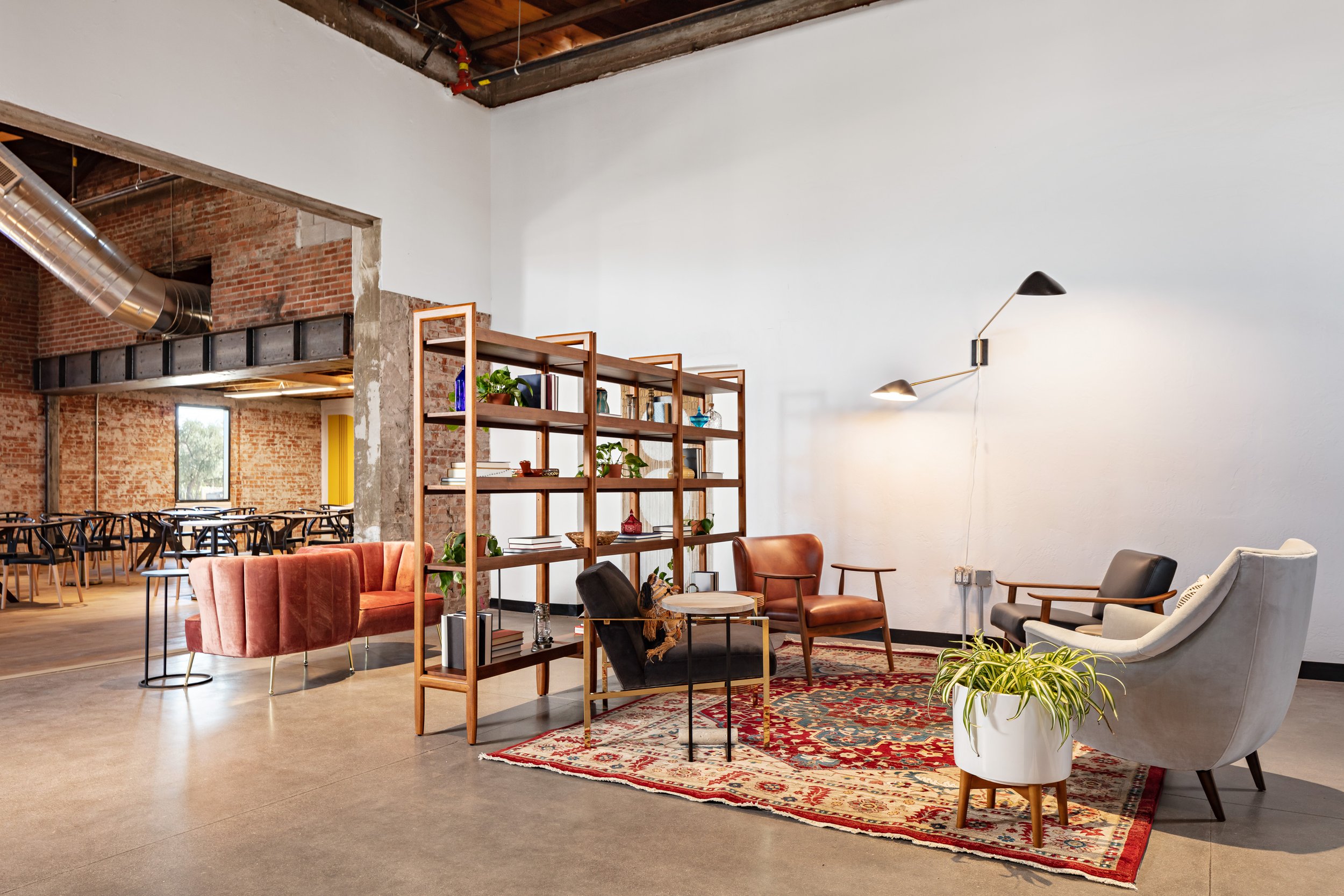 Sitting room with mid century modern furniture.