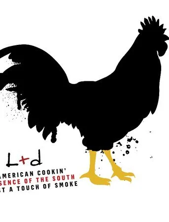Silhouette of a rooster with splattered paint and text referencing American cooking and Southern cuisine.