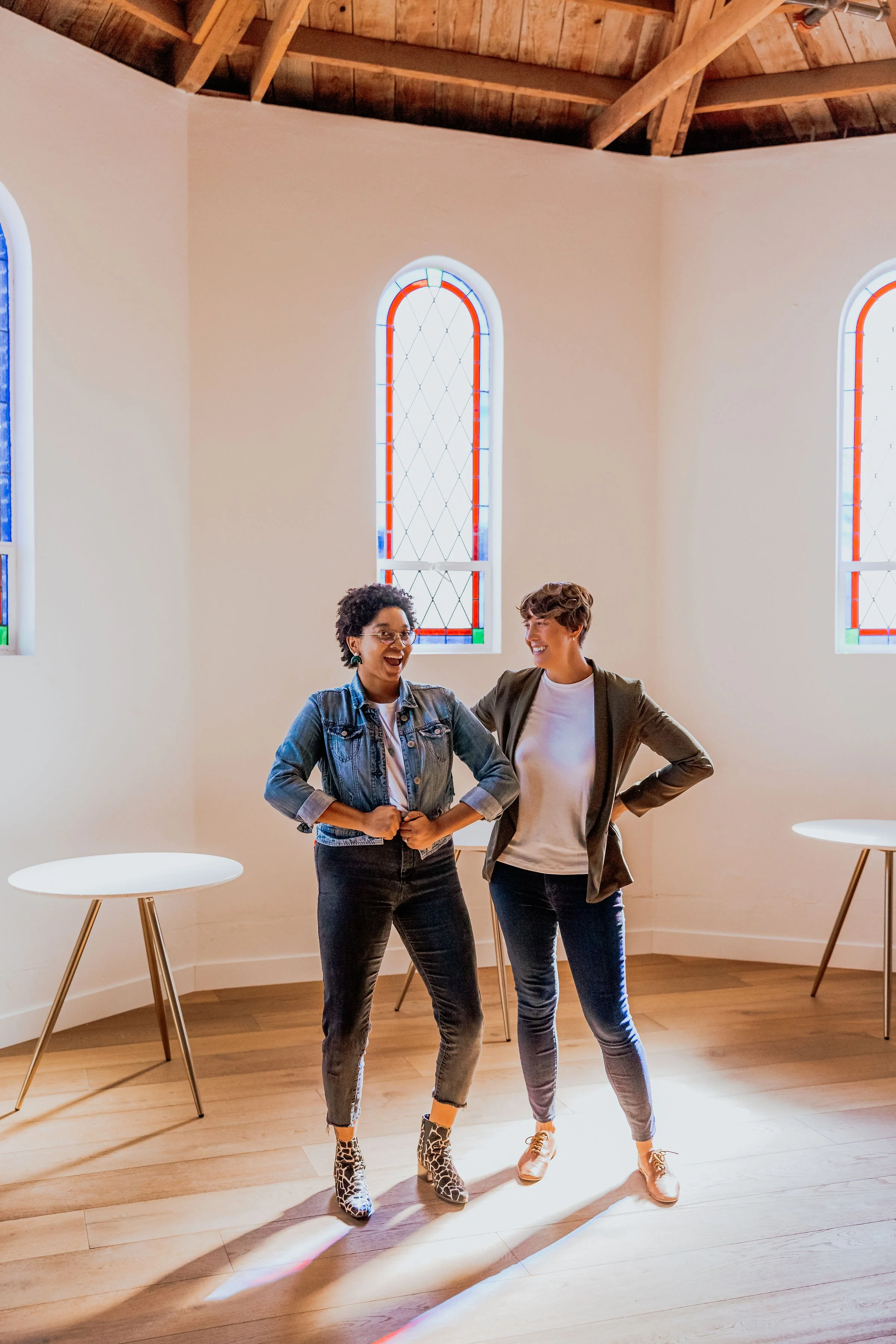 Lemonade Insurance Scottsdale - MCI lead designers in adaptive reuse church office cafe area with original stained glass windows
