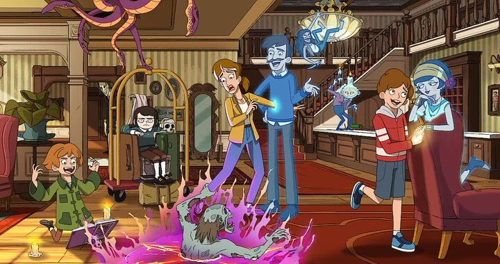 a chaotic image of the inside of hotel with a zombie, a ghost, a demon, and ooze, oh my