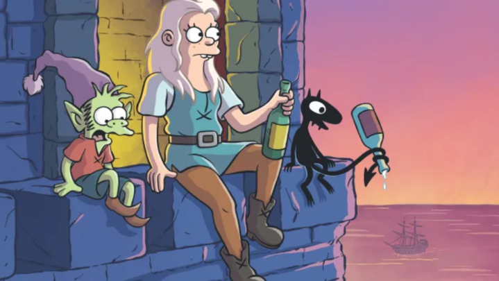 an elf, a girl, and a demon drinking booze in the window of a tower overlooking a ship on the ocean