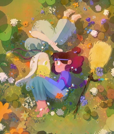 a drawing of two girls, one blonde, one brunette, laying on the grass surrounded by flowers and a broom