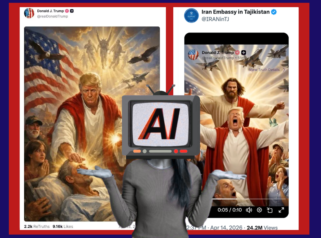 An AI-generated Trump image on Truth Social depicts him in Christ-like imagrey as a divine healer. Iran's Embassy in Tajikistan responded on X with an AI video reusing the image, a screenshot where a Christ-like figure approaches him angrily.