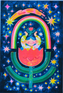a drawing of a flower holding a girl holding a flower surrounded by rainbows and stars