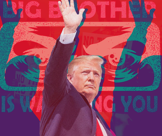 An image of Trump in front of a red and blue background. There is a Big Brother "watching you" logo in the background as well.