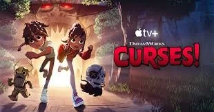 two kids running away from a glowing tomb with a skull and a wooden guy