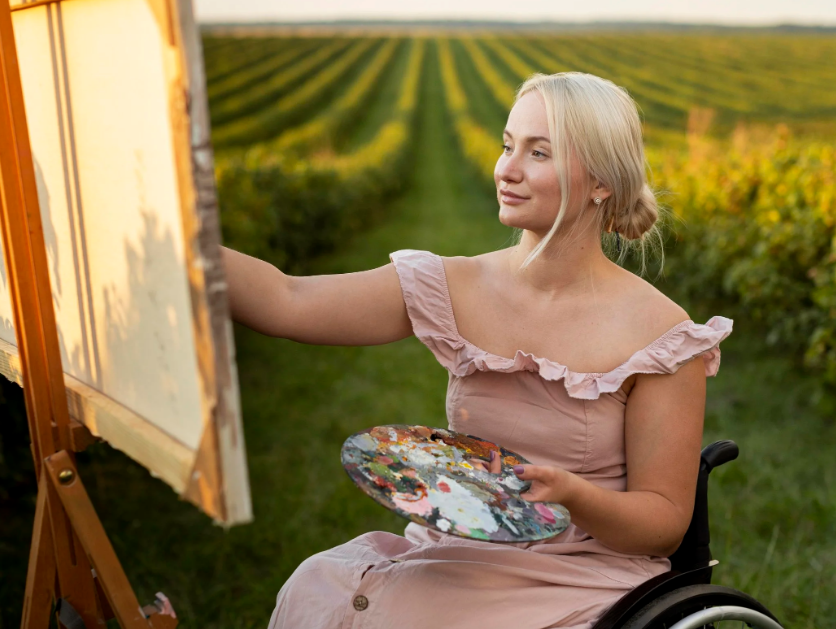 a person in a wheelchair in a field painting