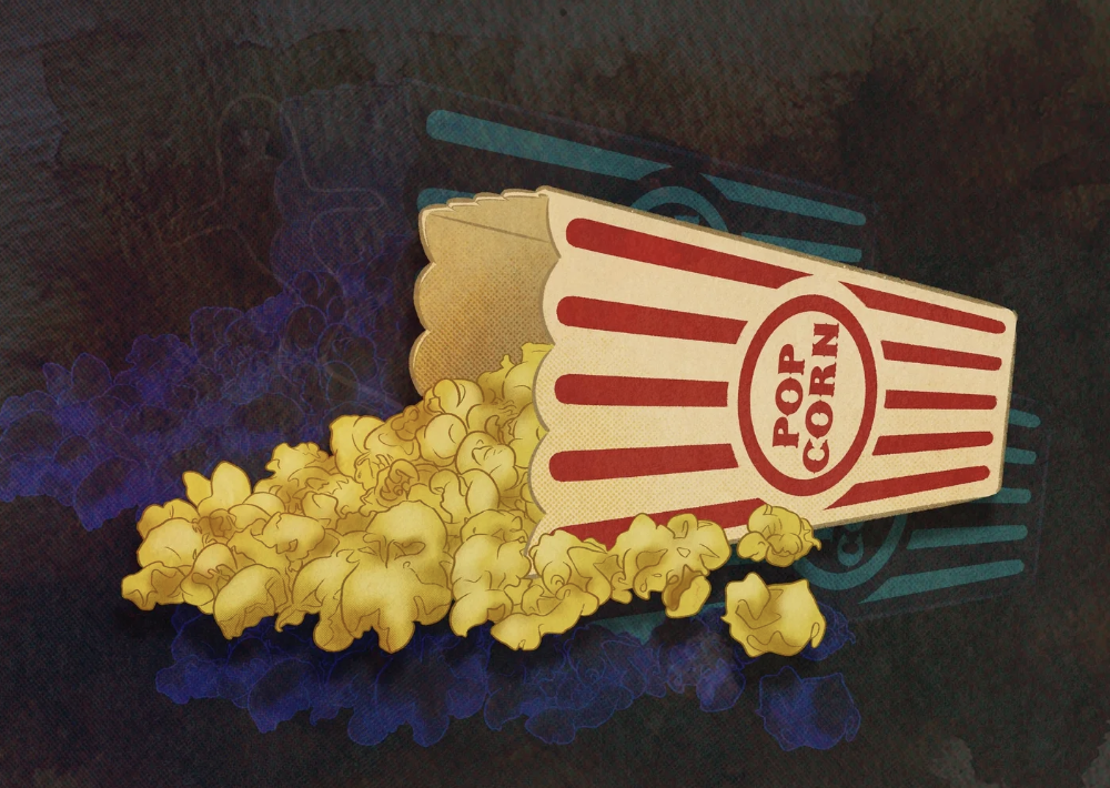 An original illustration of a spilled popcorn bucket