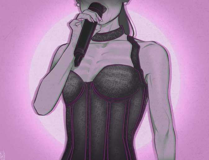 An artwork illustrating Ariana Grande with a microphone to her lips, her ribcage is emphasized.