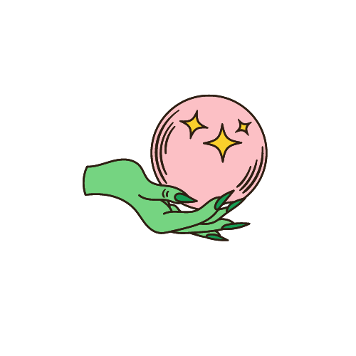 A cartoon green hand holding a pink crystal ball with yellow sparkles inside.