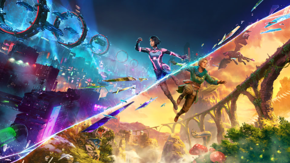 a split screen of a half fantasy scene, half sci-fi scene