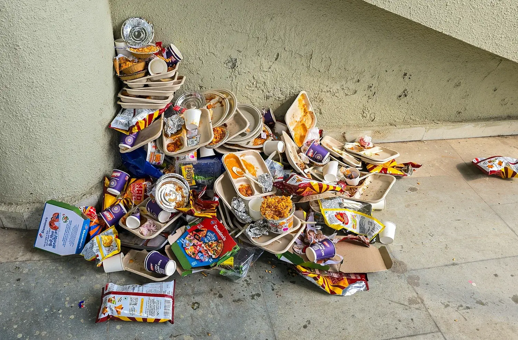 A photo of food trash on a sidewalk