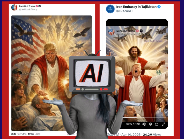 Featuring AI-generated images of Donald Trump as Jesus Christ, and a gray-scale women with a TV printed "AI" shrugging in the foreground.