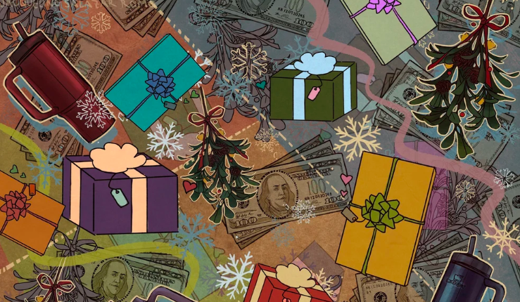 An artwork depicting presents and money for the holiday season.