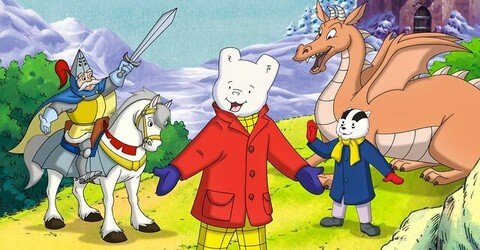 a colorful image of a white bear with a  dragon, knight, and badger behind him