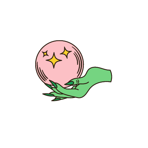 A green hand holding a pink orb with yellow sparkles.
