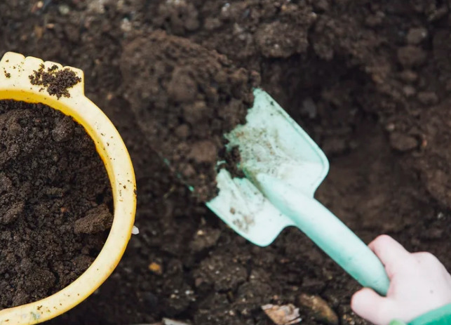 A teal hand shovel being used in soil.