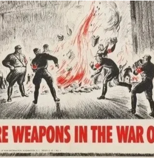 A vintage comic portraying soldiers in Nazi Germany burning books.