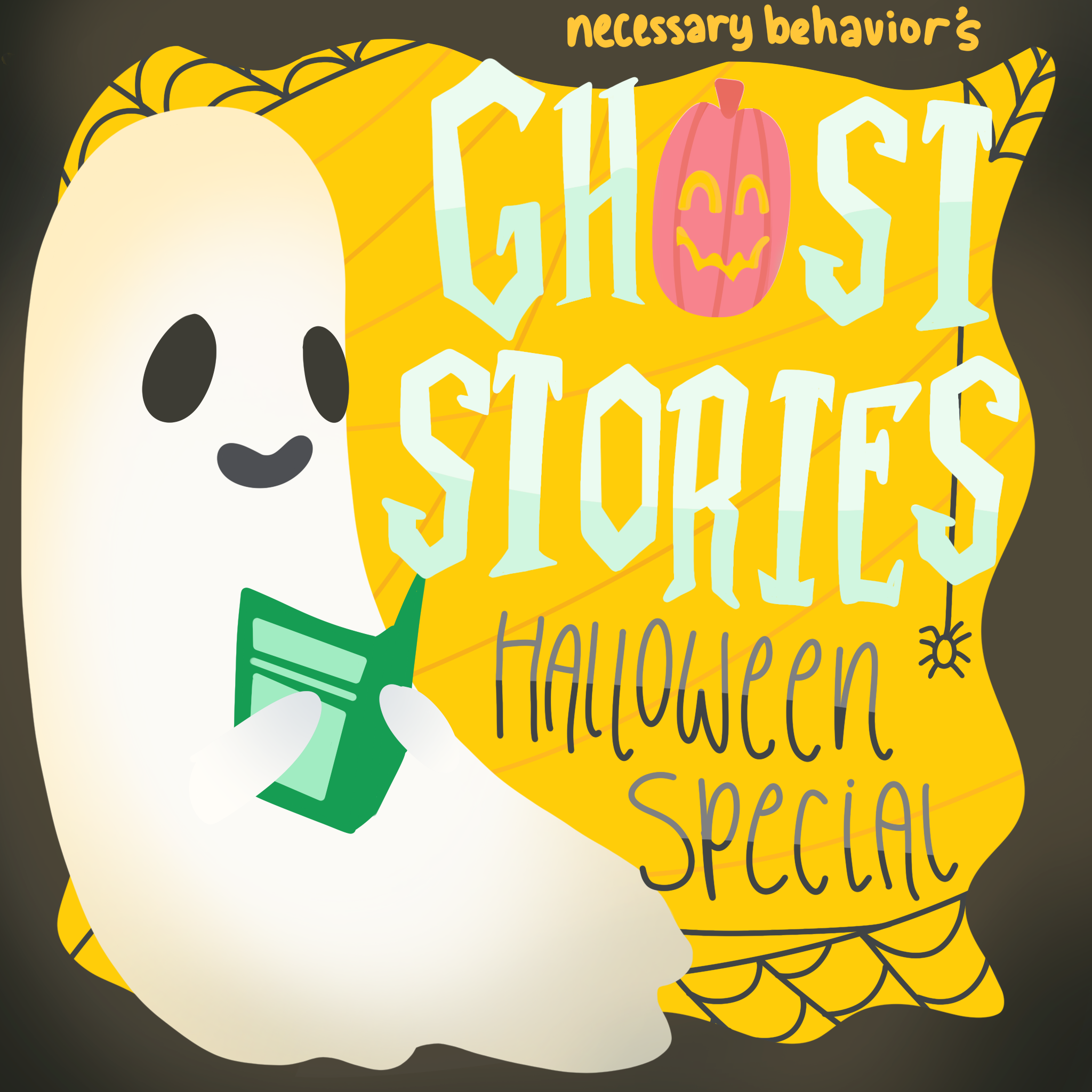 A drawing of a ghost reading a book. The text next to it reads, "necessary behavior's Ghost Stories Halloween Special"