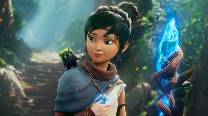 a girl holding a blue staff looking over her shoulder at a little creature called a Rotling