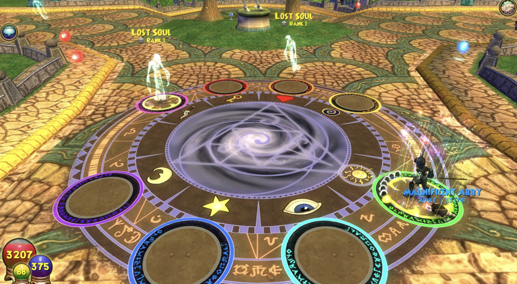 A screenshot of gameplay from Wizard101. A wizard is fighting a Lost Soul.