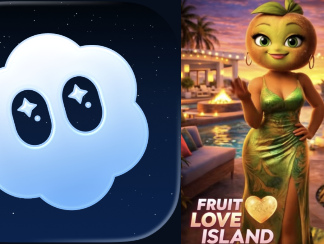 Sora App Icon on Left and Screenshot from Fruit Love Island Episode 1 on Right