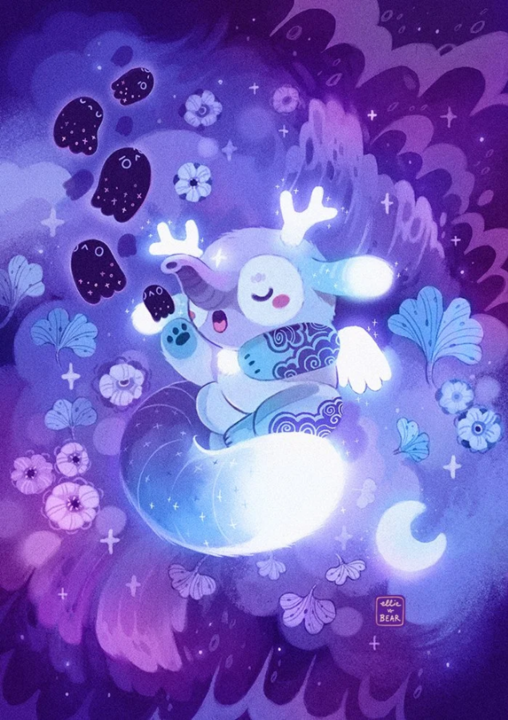 a purple and blue drawing of a baku surrounded by flowers and ghosts