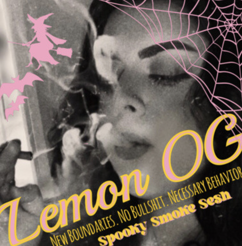 An image of someone smoking with a pink spiderweb and witch decoration added