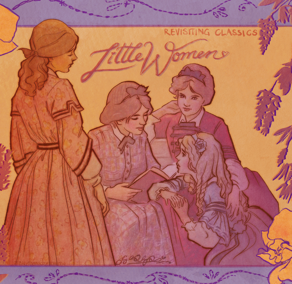 A digital illustration in purple and orange of the March sisters from Little Women.
