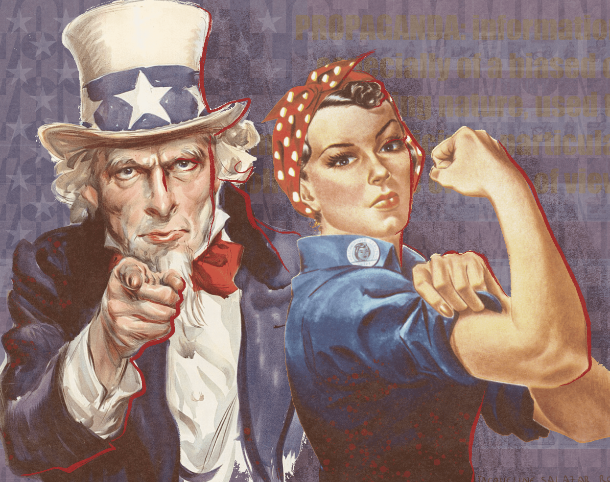 A drawing of Uncle Sam and Rosie the Riveter